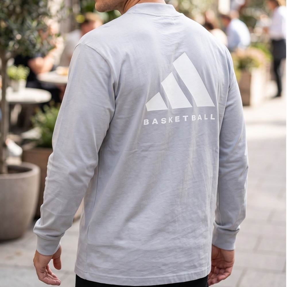 Adidas Basketball Mock Neck Long Sleeve Tee Light Grey Logo Graphic Top